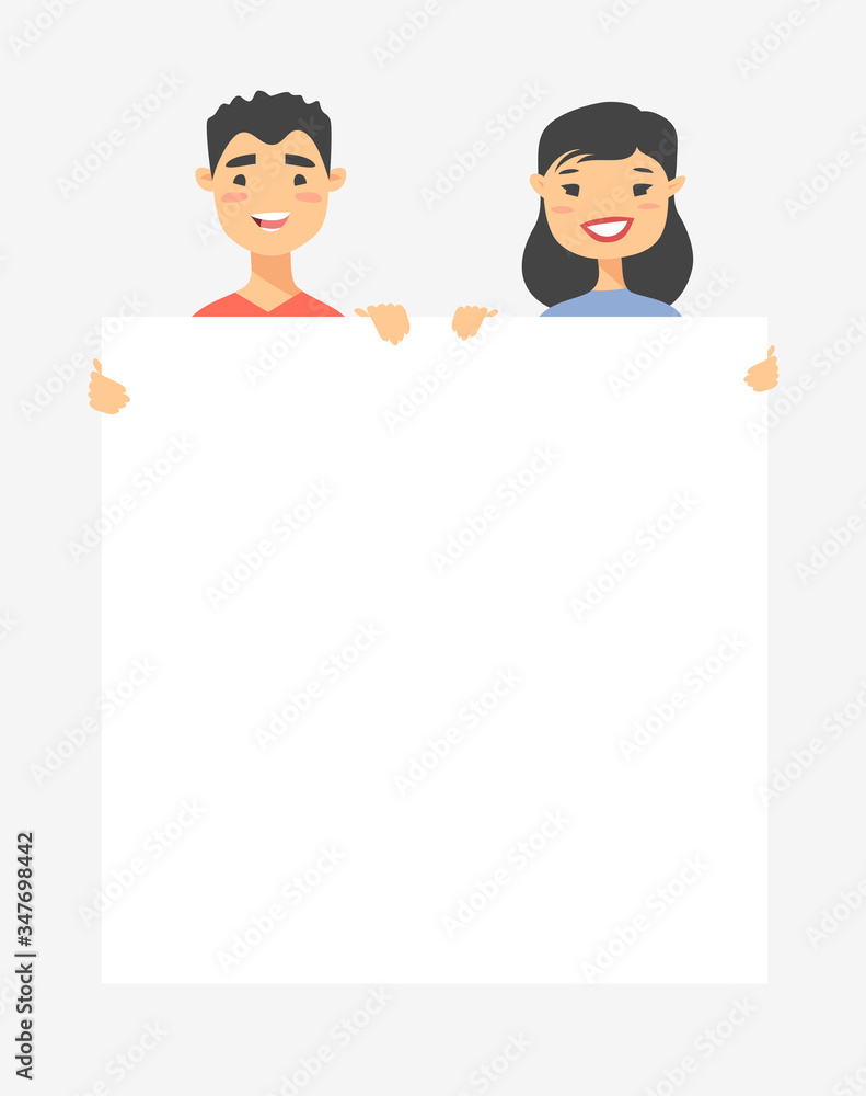 Male and female characters with board. Cartoon style people icons. Isolated guys avatars. Flat illustration men and women faces. Hand drawn vector drawing girls and boys portraits Male and female characters with board. Cartoon style people icons. Isolated guys avatars. Flat illustration men and women faces. Hand drawn vector drawing girls and boys portraits