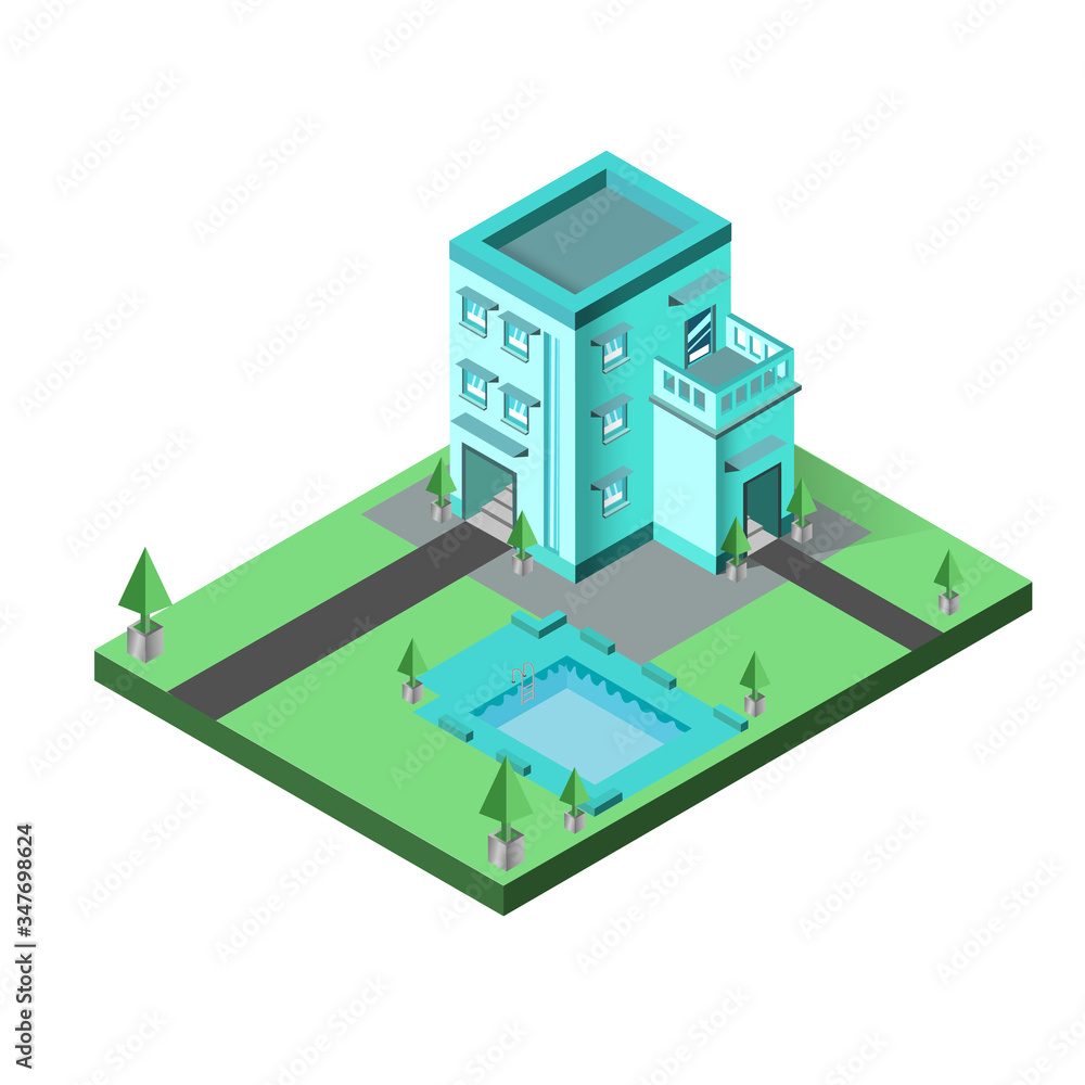Isomatic blue house and a swimming pool isolated on white background Isomatic blue house and a swimming pool isolated on white background