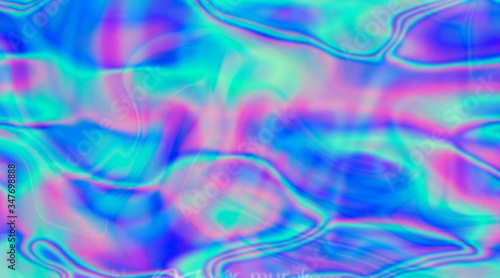 Iridescent marbled holographic texture in vibrant neon and pastel colors. Trippy and distorted image with light diffraction effect in psychedelic 80s-90s vaporwave style.