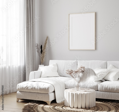 White sofa with decor and mockup frames on wall in Scandinavian style interior, 3d render