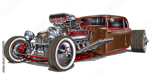 Vintage Hot Rod car isolated on white background. 