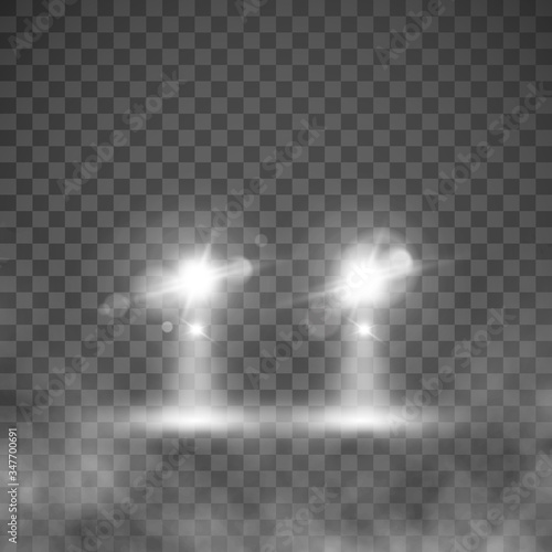 Car lights. automobile headlight. Vehicle headlight in fog. Vector illustration isolated on transparent background