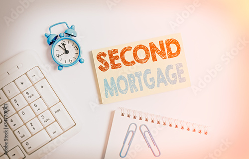 Writing note showing Second Mortgage. Business concept for lien on property which is subordinate to more senior one Keyboard with empty note paper and pencil white background photo