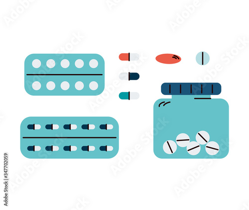 Isolated pill and vitamin set - drug blister, jar and loose capsules