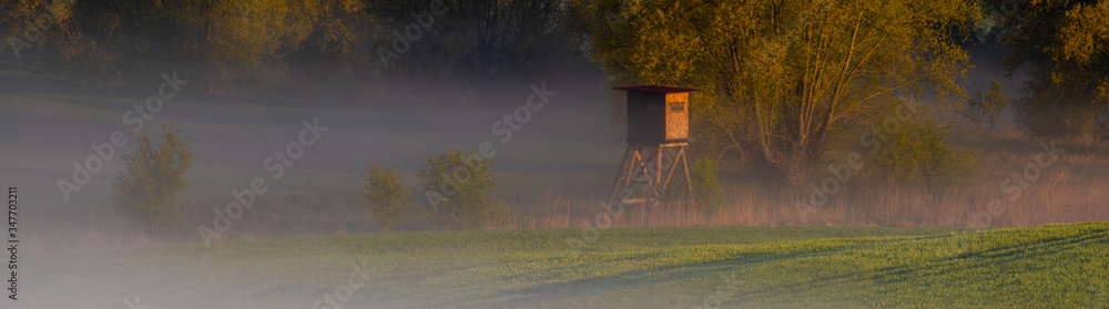 hunting tower integrated into a beautiful rural landscape during a misty spring morning