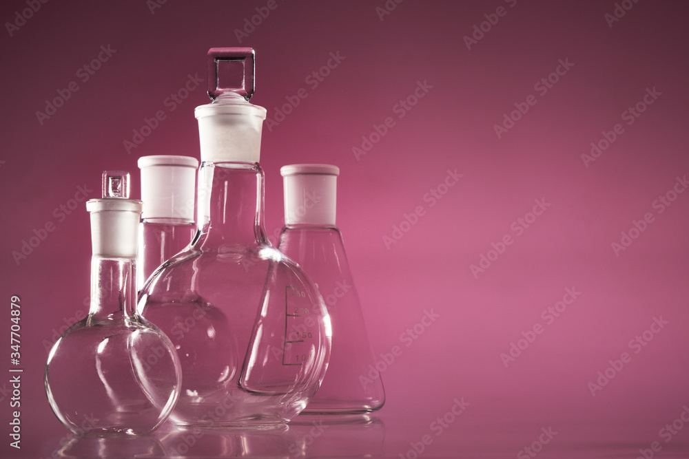Chemical vessels. Glass flasks. Laboratory utensil. Chemical vessels. Glass flasks. Laboratory utensil.