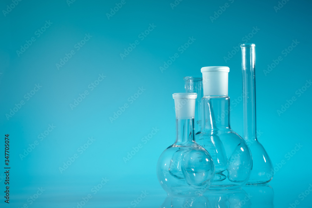 Chemical vessels. Glass flasks. Laboratory utensil. Chemical vessels. Glass flasks. Laboratory utensil.