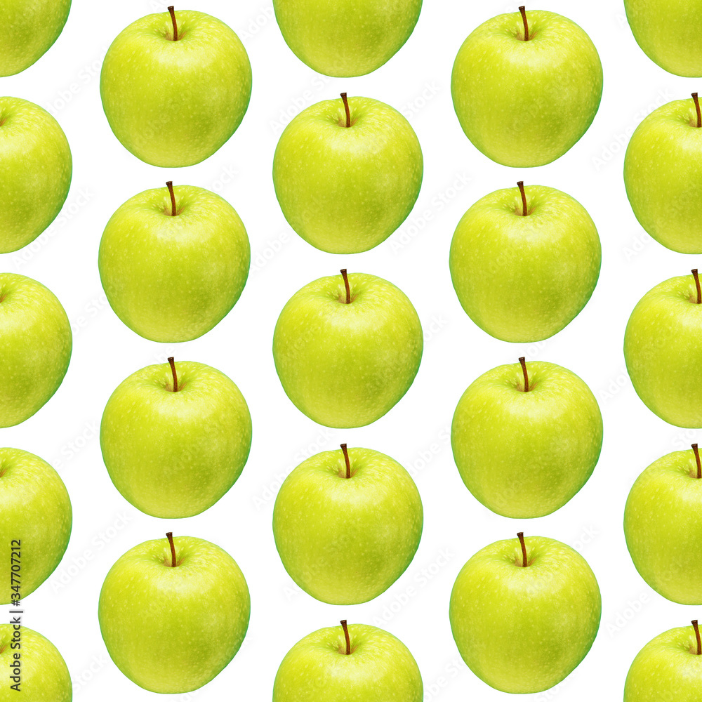 Pattern of green apples on a white background. Isolated fruits. Image for fabric, wallpaper and wrapping paper. Pattern of green apples on a white background. Isolated fruits. Image for fabric, wallpaper and wrapping paper.