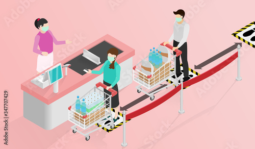 Isometric signs social distancing queues of people line at the payment counter for protect pandemic of virus Covid-19, COVID-19 Quarantine. Pandemic Coronavirus Reducing risk of infection.