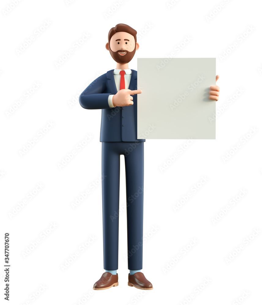 Portrait of smiling happy businessman holding white blank board. 3D illustration of cartoon standing man in suit showing banner, advertising poster, isolated on white background. Portrait of smiling happy businessman holding white blank board. 3D illustration of cartoon standing man in suit showing banner, advertising poster, isolated on white background.