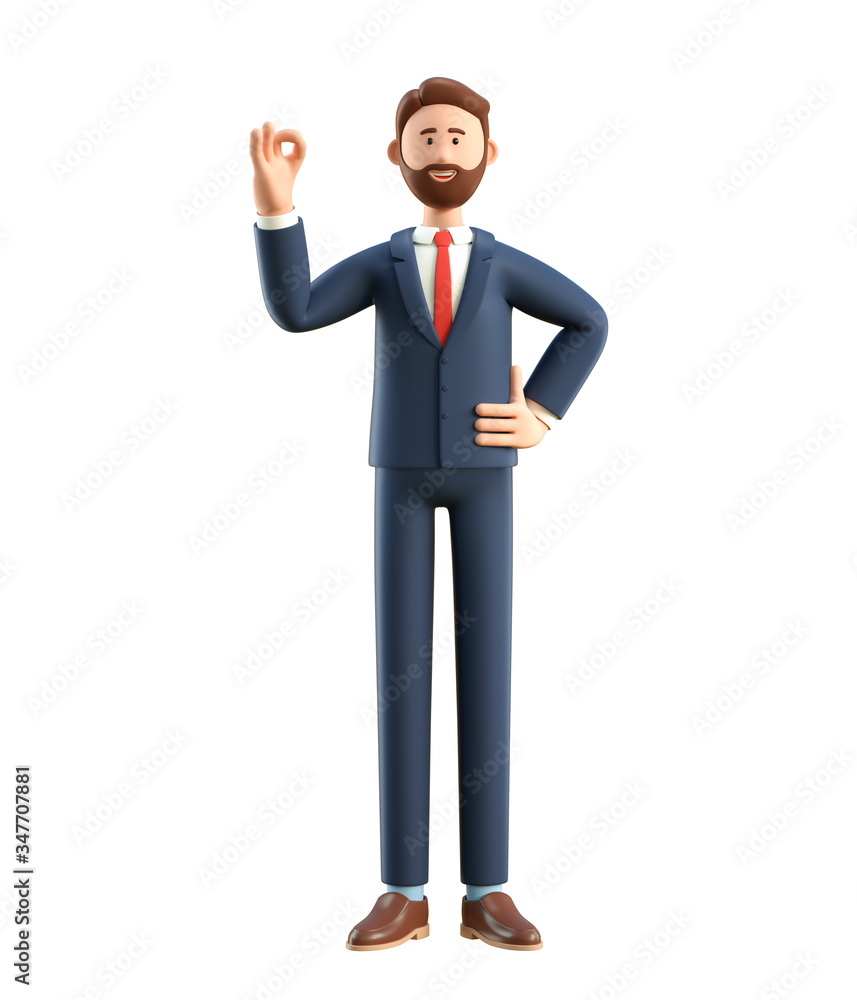 Portrait of smiling happy businessman showing ok gesture. 3D illustration of cartoon standing man in suit with okay sign, isolated on white background.