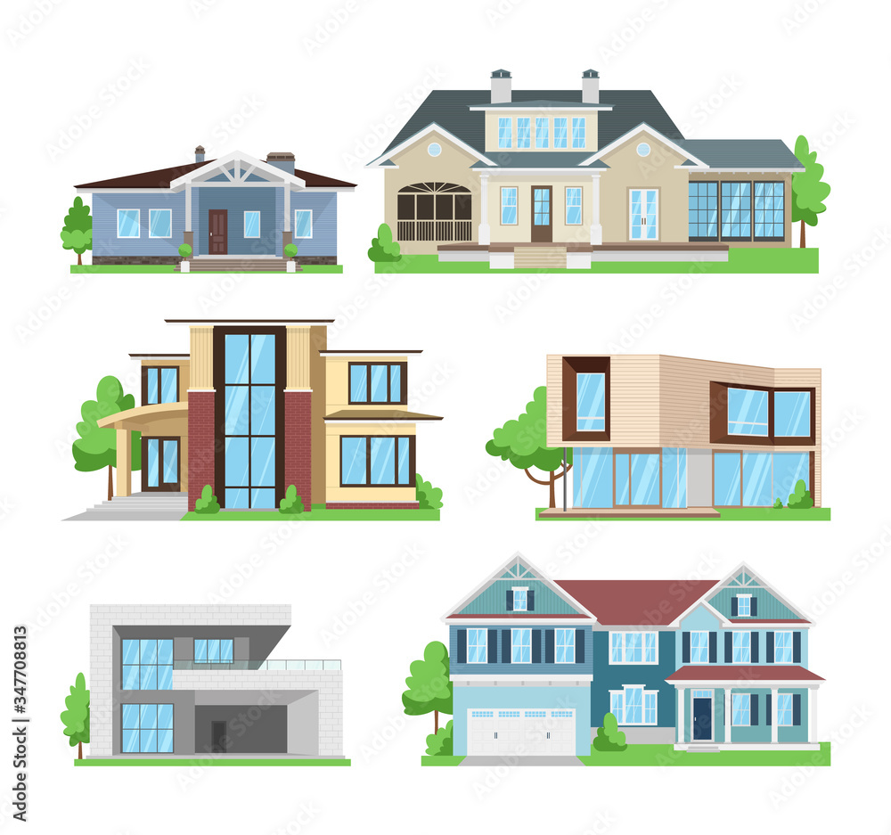 Set of colored residential houses and cottages on a white background, vector illustration.