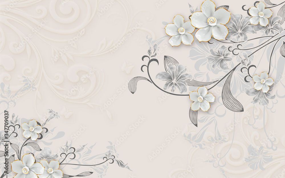 3d illustration, beige embossed background, gray ornamental lilies and white gilded ceramic rose buds