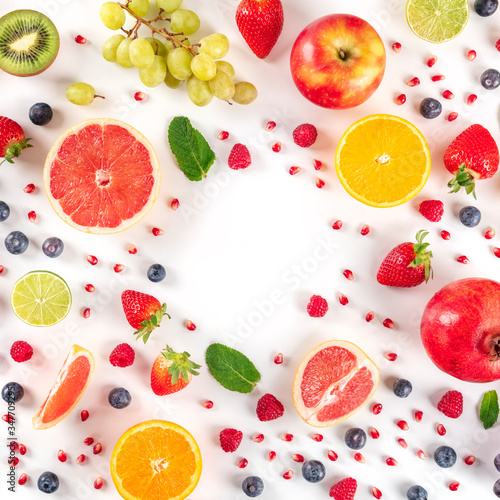 Fototapeta Naklejka Na Ścianę i Meble -  Fresh summer fruit design, a square flatlay on a white background with a place for text, vibrant food pattern, shot from above