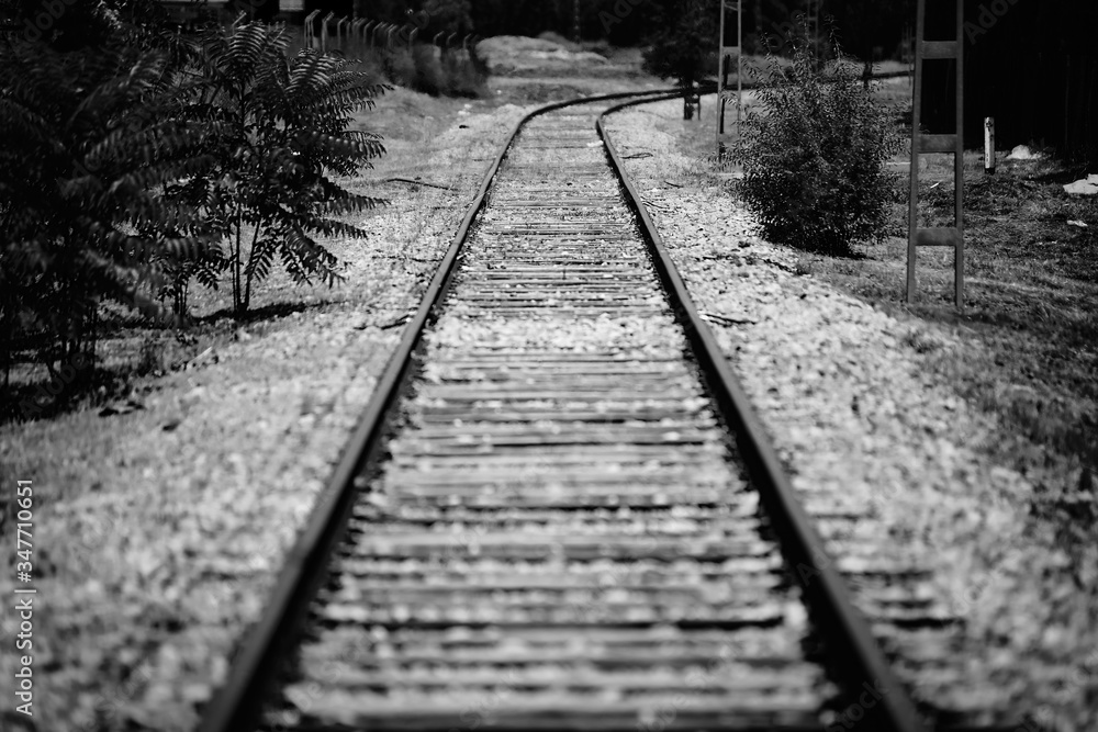 Vias del tren en blanco y negro