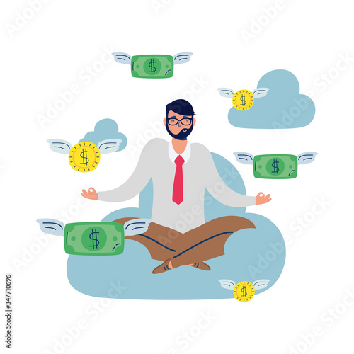 elegant business man with lotus position in cloud and money flying