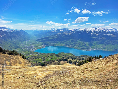 Subalpine valley Seeztal and lake Walensee, between the mountain ranges of Churfirsten and Glarus Alps, Walenstadtberg - Canton of St. Gallen, Switzerland (Kanton St. Gallen, Schweiz) photo