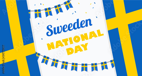 National Day of Sweden, independence day. Vector banner background with bunting of Swedish flags. Background for greeting Card, Poster, Web Banner Design.