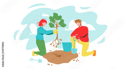 Man And Woman Volunteering Planting Tree Vector