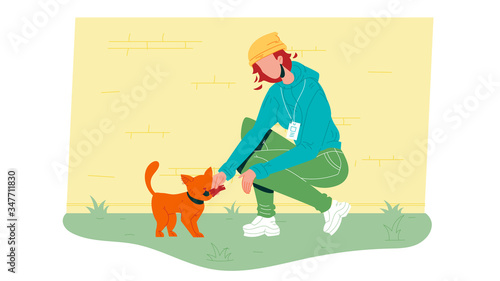 Woman Volunteer Feed Homeless Cat Vector Illustration