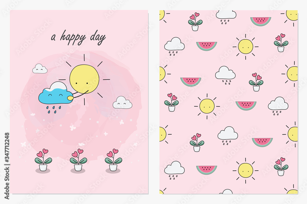 Set of cute hand drawn sunny day plant showering in summer with seamless pattern vector background . Set of cute hand drawn sunny day plant showering in summer with seamless pattern vector background .