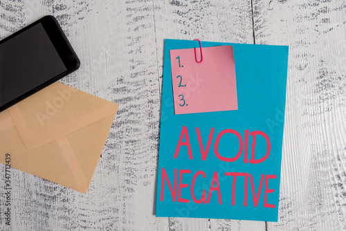 Text sign showing Avoid Negative. Business photo showcasing Staying away from pessimistic showing Suspicious Depression Envelope blank sheet paper sticky note smartphone wooden vintage background photo