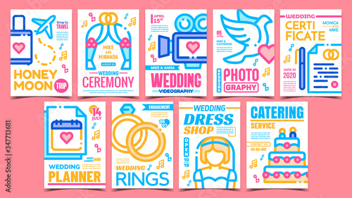 Wedding Ceremony Advertising Posters Set Vector. Wedding Videography And Photography, Rings And Certificate, Catering Service And Honeymoon. Concept Template Stylish Color Illustrations
