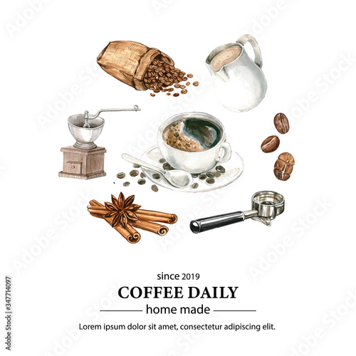 coffee arabica beans bag with coffee cup americano, cinnamon coffee maker watercolor illustration