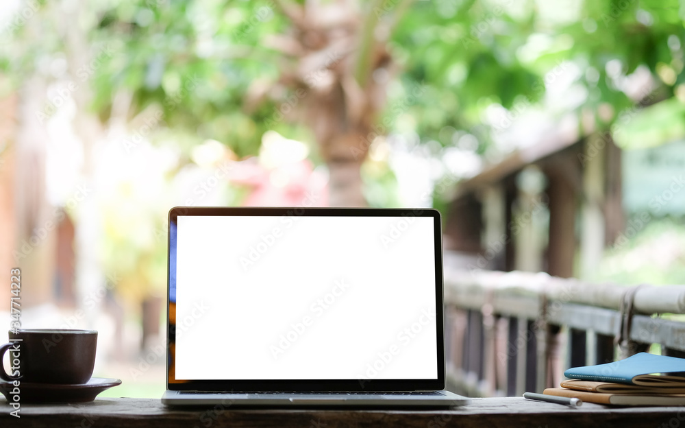 Workspace desk and laptop. copy space and blank screen. Business image, Blank screen laptop and supplies.