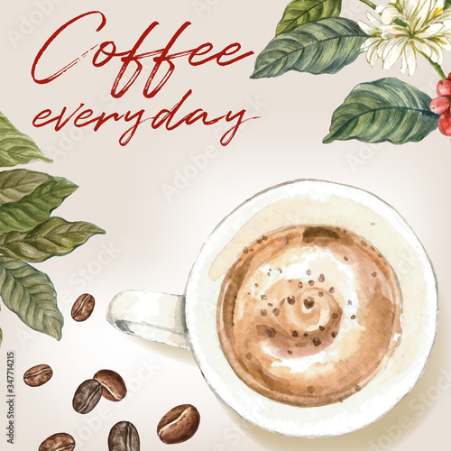 cappuccino coffee arabica beans with branch leaves coffee, watercolor illustration