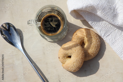 Breakfast by the pool with coffee and donuts. Relaxation and luxury for rest photo