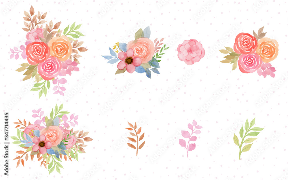 set of individual and bouquet watercolor flowers set of individual and bouquet watercolor flowers