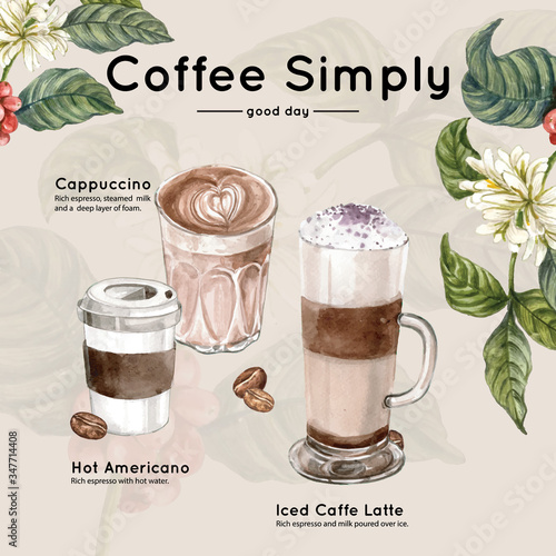 coffee cup , americano ,cappuccino, take a way with branch leaves coffee, watercolor illustration