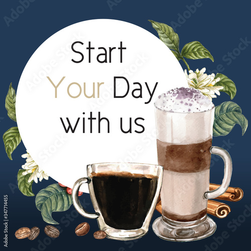 coffee cup , americano ,cappuccino, take a way with branch leaves coffee, watercolor illustration