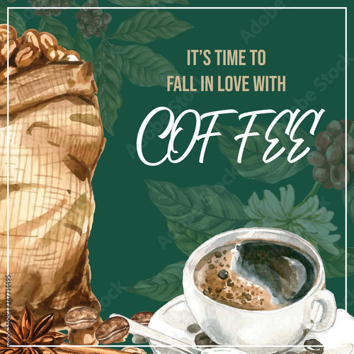 americano coffee arabica with beans bag, branch leaves coffee, watercolor illustration