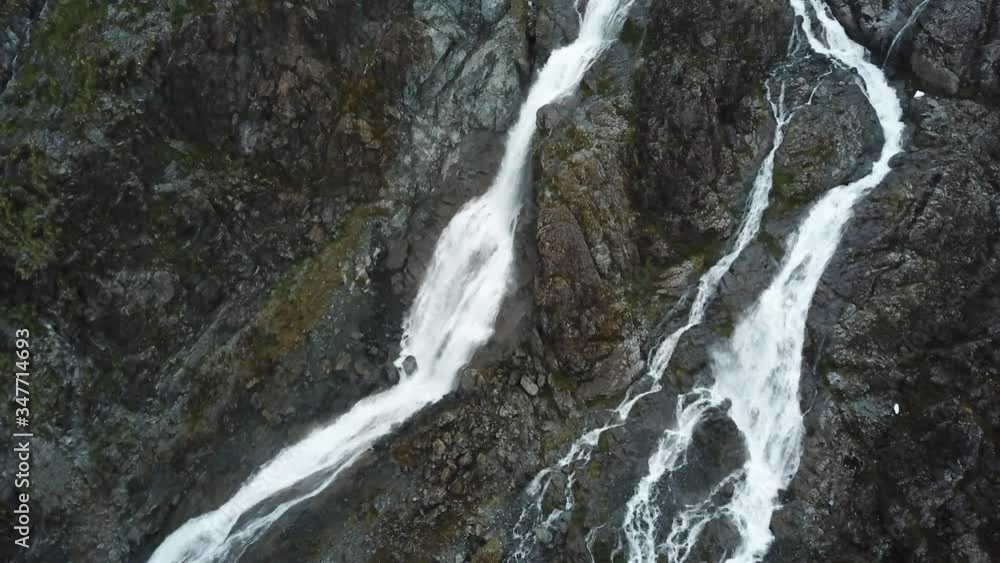 Drone Aerial View of Wild Alpine Waterfalls in Queulat National Park, Chile Drone Aerial View of Wild Alpine Waterfalls in Queulat National Park, Chile