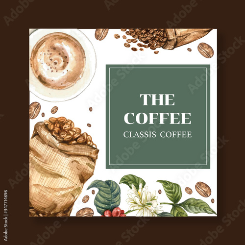 coffee arabica beans bag with coffee cup americano and coffee maker design, watercolor illustration
