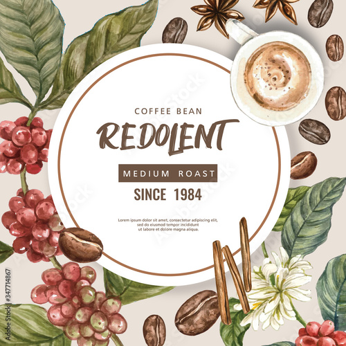 coffee arabica beans bag with coffee cup americano, cinnamon coffee maker watercolor illustration