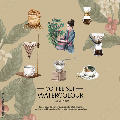 coffee arabica beans bag with coffee cup americano, cinnamon coffee maker watercolor illustration