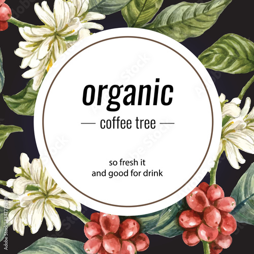 coffee arabica beans wreath design with brach leaves coffee, watercolor illustration