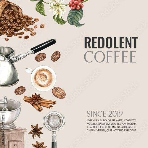 coffee arabica beans bag with coffee cup americano, cinnamon coffee maker watercolor illustration