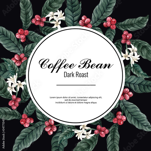 coffee arabica beans wreath design with brach leaves coffee, watercolor illustration