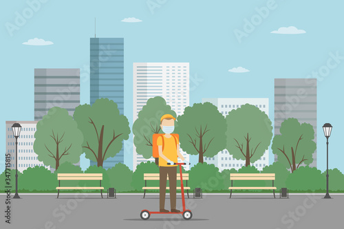 Delivery man in face mask riding on push scooter. Food delivery. Vector illustration.