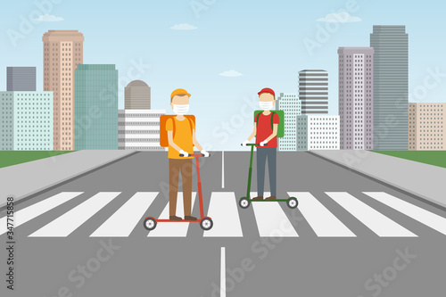 Couriers on kick scooters delivering food. Food delivery during quarantine. Vector illustration.