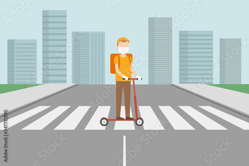 Courier in face mask riding on push scooter. Food delivery. Vector illustration.