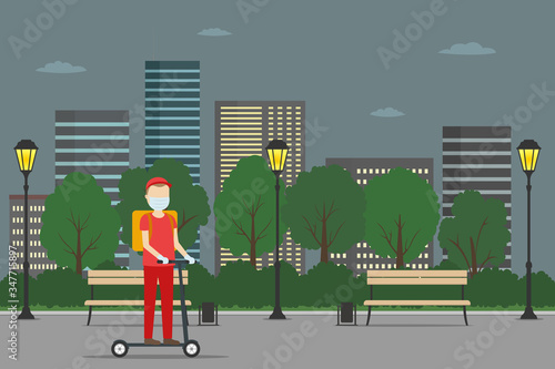 Deliveryman in face mask riding on kick scooter in night. Food delivery. Vector illustration.