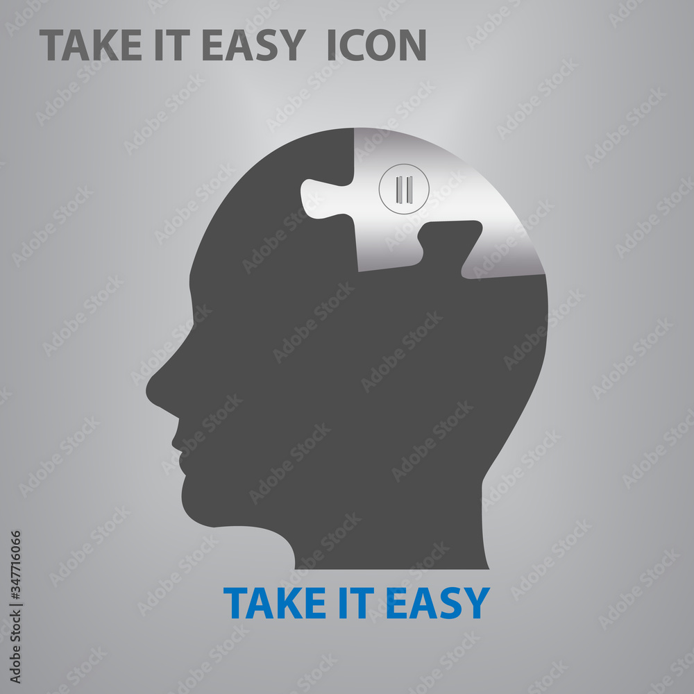 Take it easy abstract vector showing silhouette of the head of man with button pause on a metallic piece of puzzle. Take it easy abstract vector showing silhouette of the head of man with button pause on a metallic piece of puzzle.