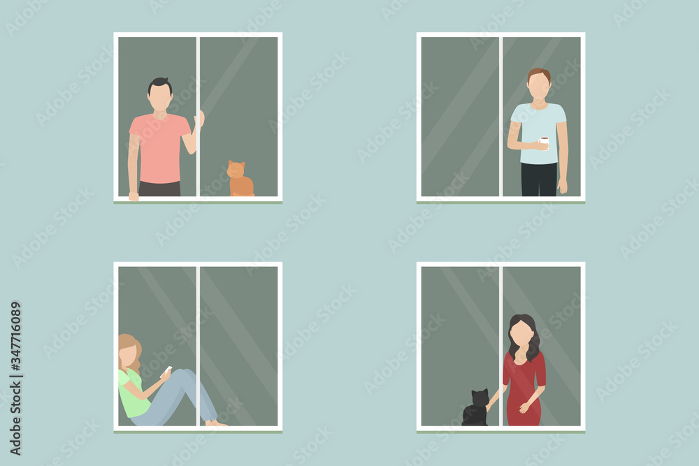People on quarantine look through windows in their apartments. Vector illustration. People on quarantine look through windows in their apartments. Vector illustration.