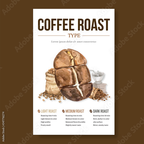 coffee arabica roast beans burn with bag. coffee maker, infographic design watercolor illustration