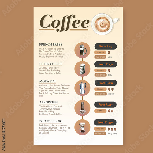 coffee arabica roast beans burn with bag. coffee maker, infographic design watercolor illustration